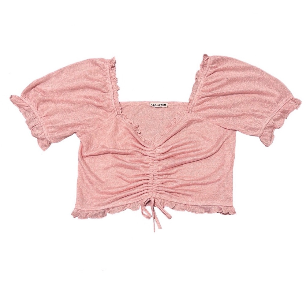 Pink cinched front ruffle trim crop top